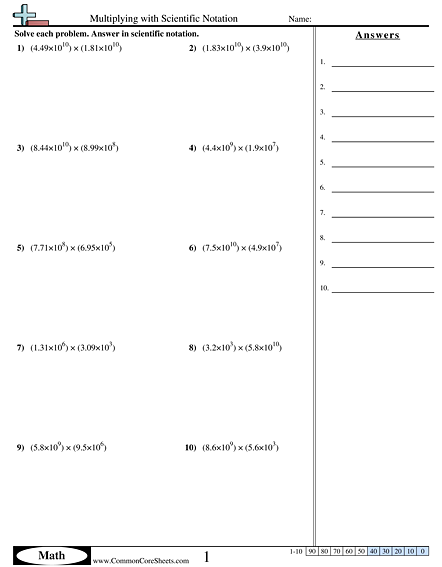 Algebra Worksheets - Multiplying with Scientific Notation worksheet